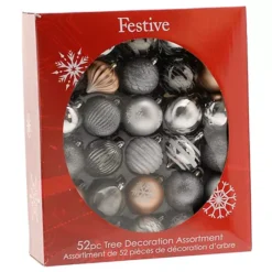 52 Piece Silver, Copper & White Christmas Bauble Set