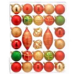 Festive 28 Piece Red, Green And Gold Shatterproof Christmas Baubles