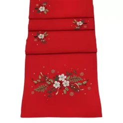 Peggy Wilkins Christmas Roses Embroidered Table Runner - Red