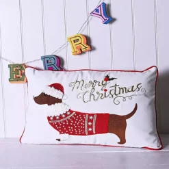 The Seasonal Gift Co. Embroidered Christmas Dachshund 60x36cm Cotton Cushion
